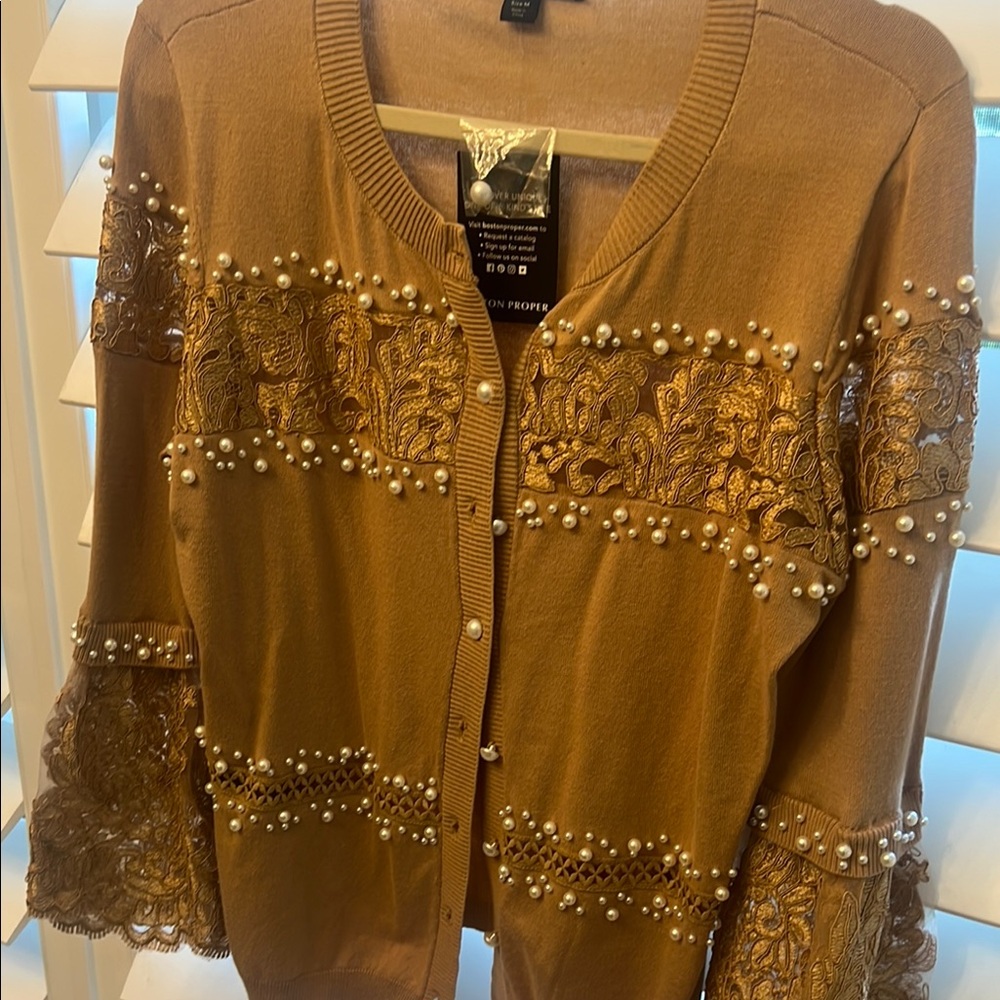 Boston Proper Brown Pearl Lace Cardigan